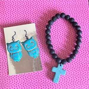 NWT Turquoise Owl Earrings and Black Beaded Cross Bracelet Set